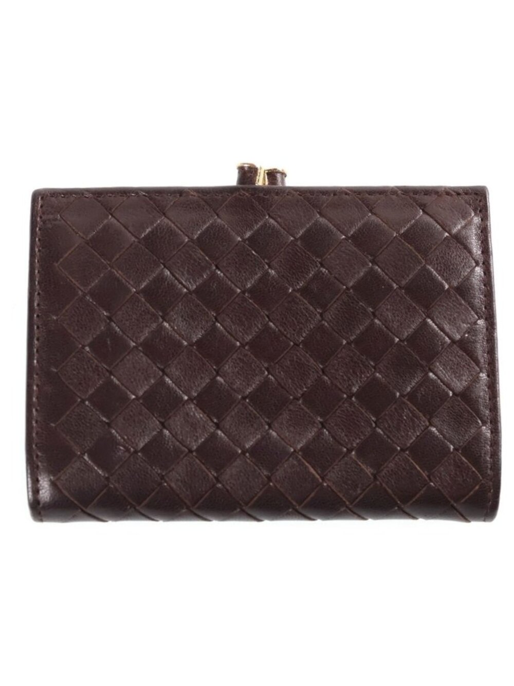 Bottega Veneta Intrecciato Leather Compact Wallet Coin Purse Kiss Lock Brown